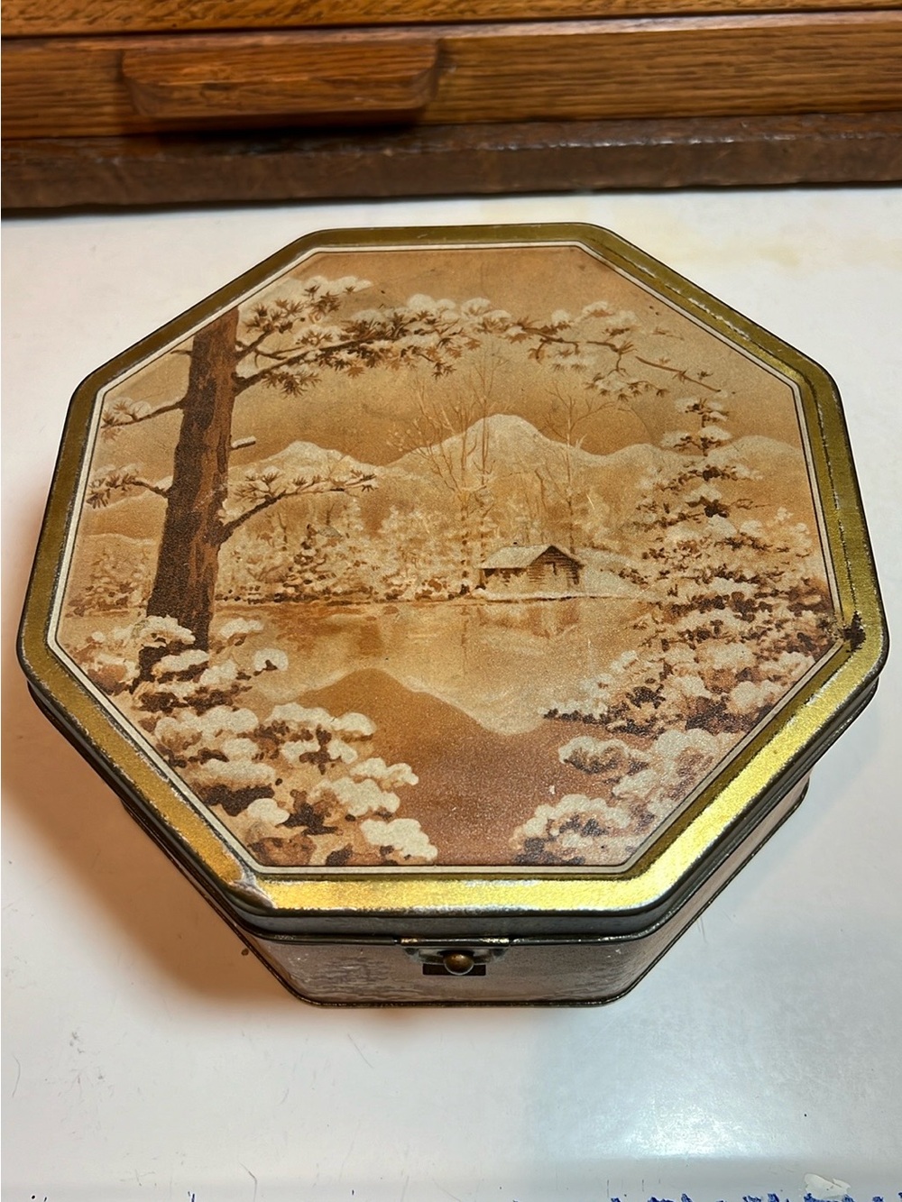 Vintage Nabisco Cookie Tin with snowy winter cabin scene 1930s-40s